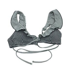 Aerie Black & White Gingham & Striped Bikini Top Wrap Ruffle Removable Cups S